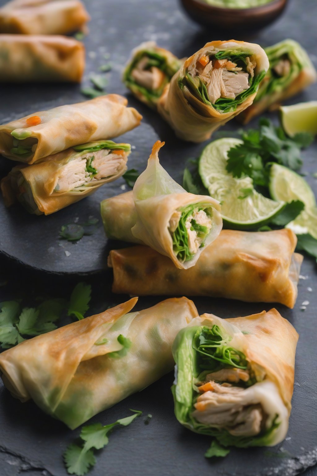 A close-up photo of chicken and avocado spring rolls halved lengthwise, showing green filling, on a slate board, under soft lighting.