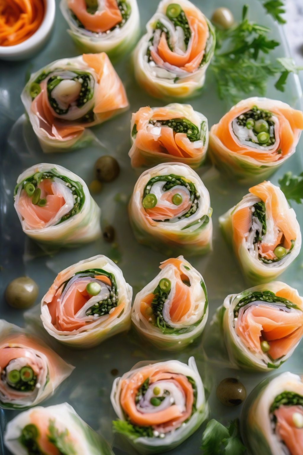 A close-up photo of sliced smoked salmon spring roll pinwheels on a glass platter, topped with capers, under soft lighting.