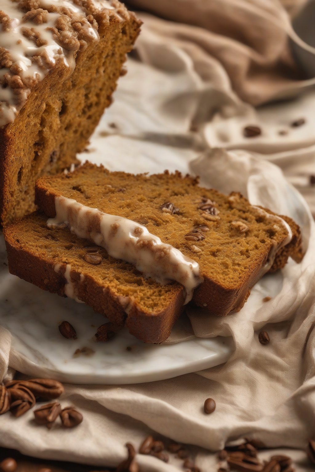 A high-resolution close-up photo of pumpkin spice latte bread with espresso-flecked crumb and frothy glaze, under soft lighting.