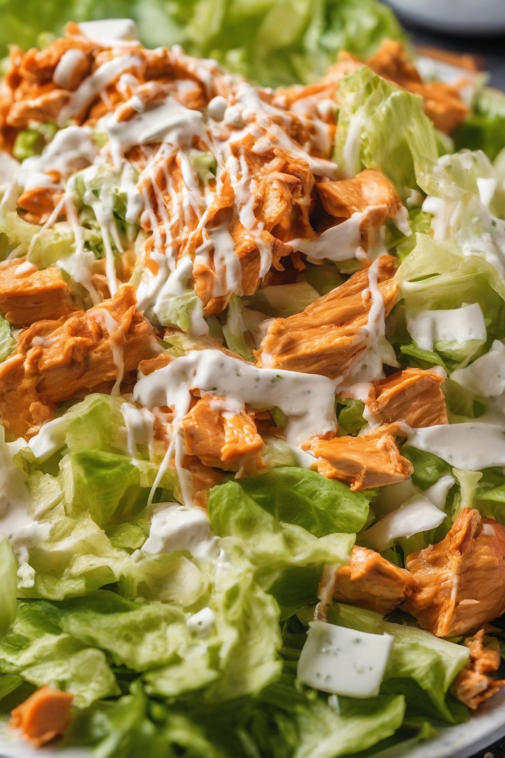 A close-up photo of buffalo chicken Cesar salad with celery under soft lighting.