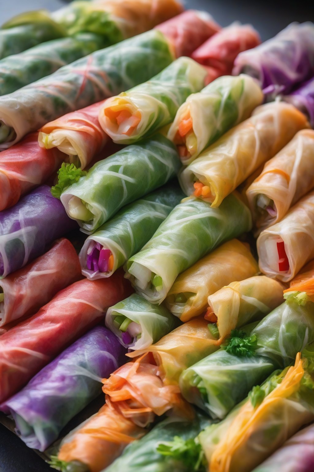 A close-up photo of rainbow veggie spring rolls lined up in a row, vibrant colors popping, under soft lighting.