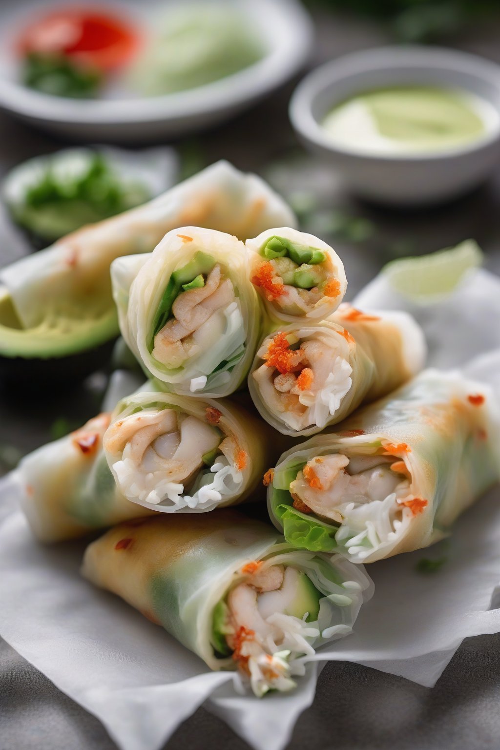 A close-up photo of crab and avocado spring rolls fanned out, with wasabi mayo swirl, under soft lighting.