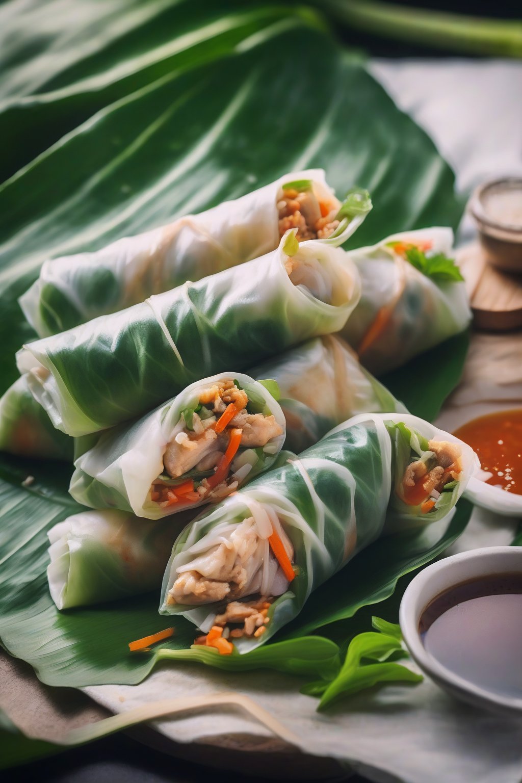 A close-up photo of Thai basil chicken spring rolls on banana leaf, steam rising subtly, under soft lighting.