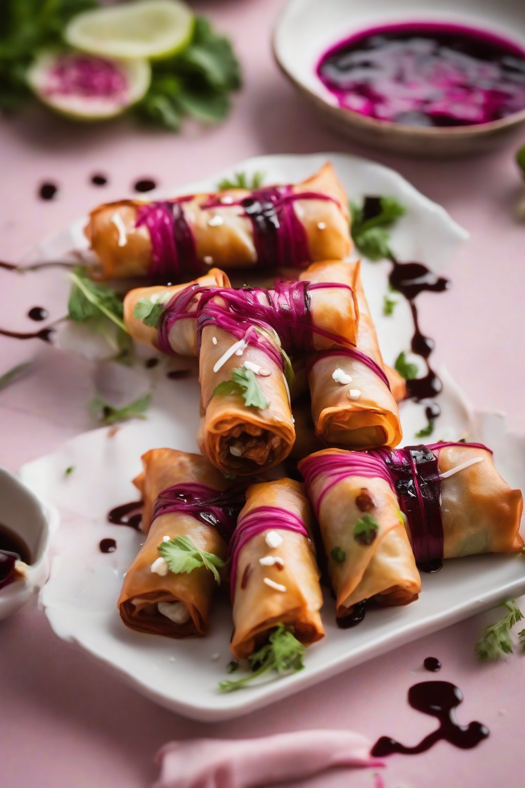 A close-up photo of beet and goat cheese spring rolls drizzled with balsamic, pink hues vibrant, under soft lighting.