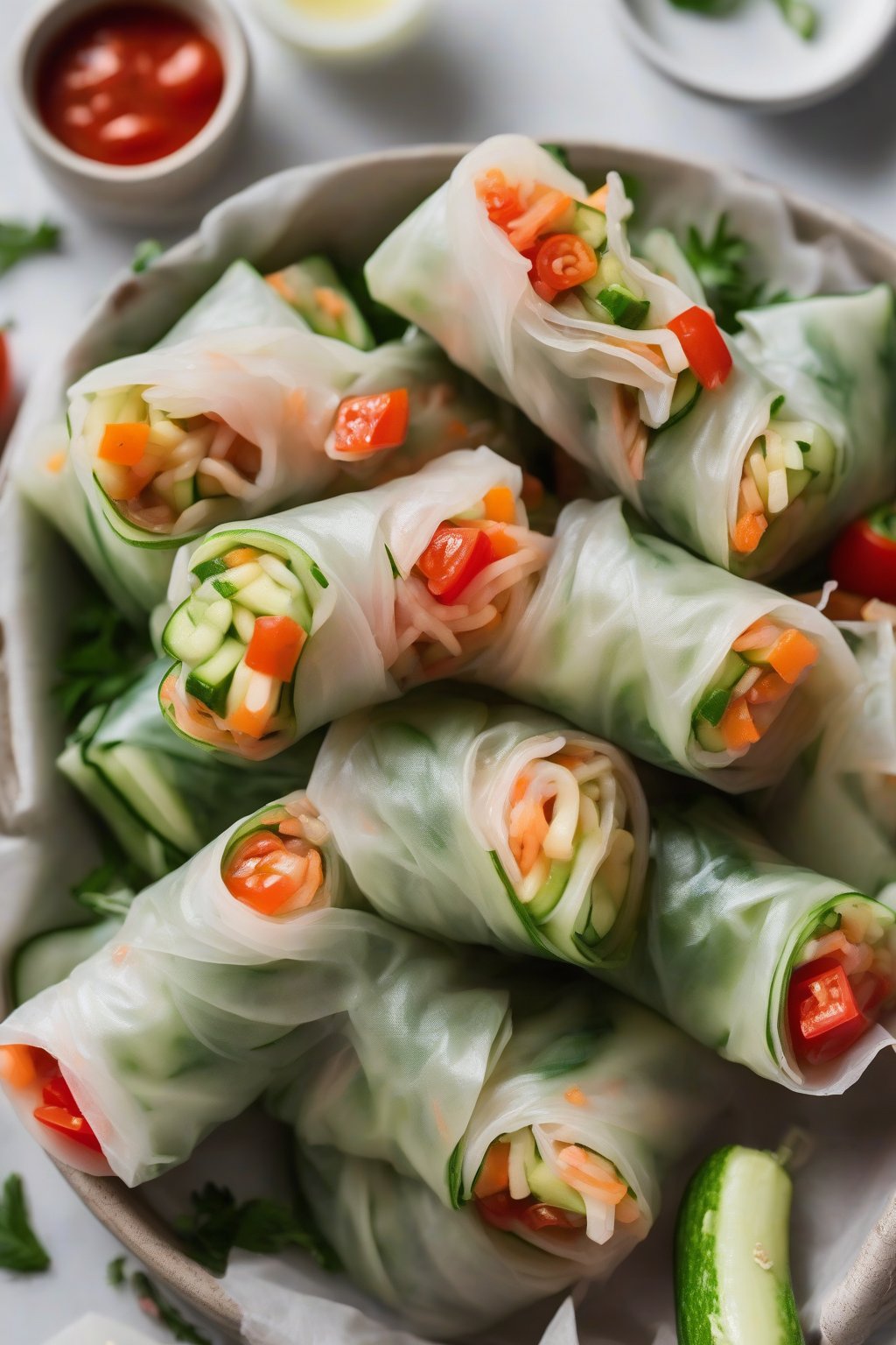 A close-up photo of zucchini noodle spring rolls cut open to show spirals, fresh tomatoes peeking, under soft lighting.