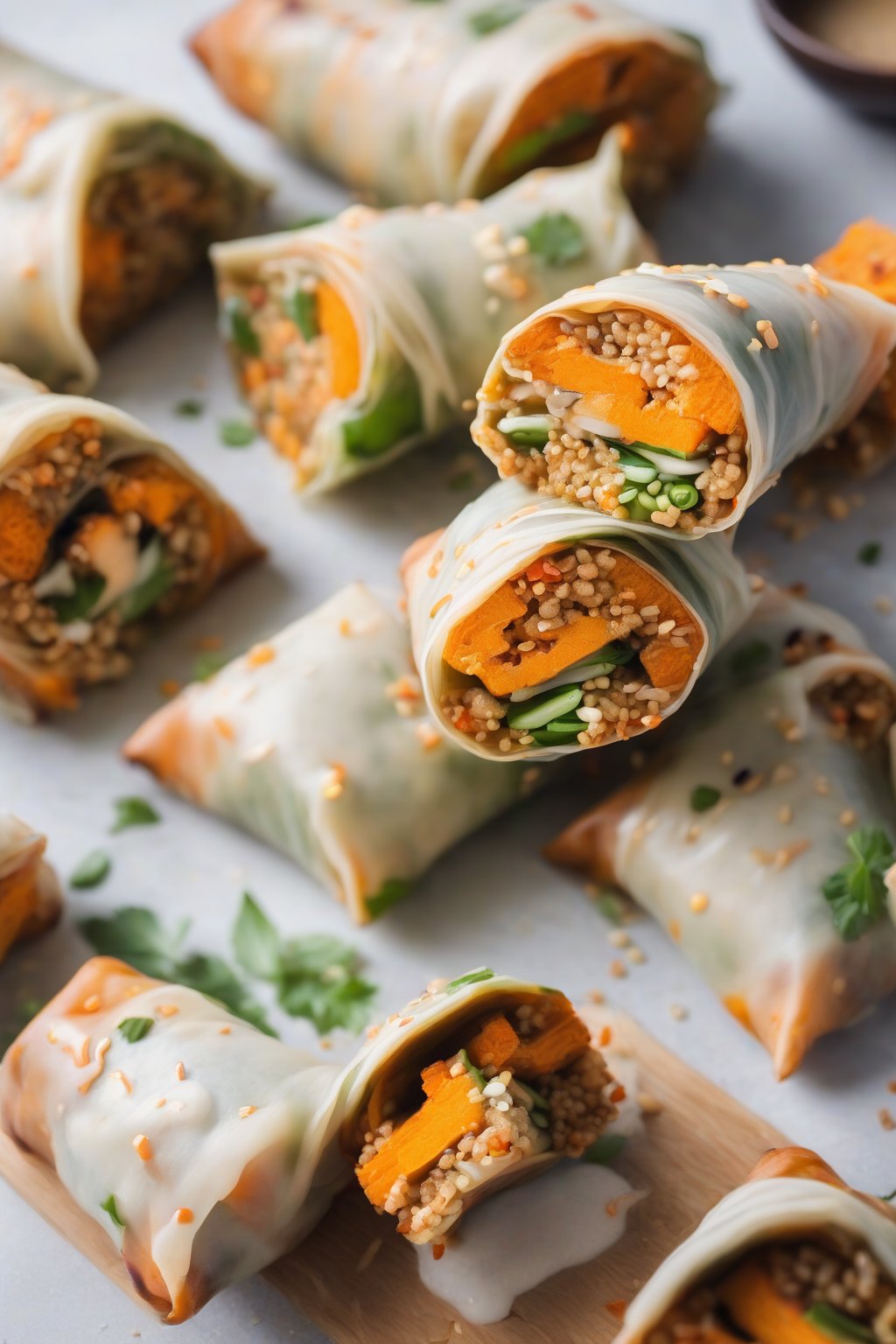 A close-up photo of sweet potato and quinoa spring rolls stacked pyramid-style, tahini drizzle, under soft lighting.