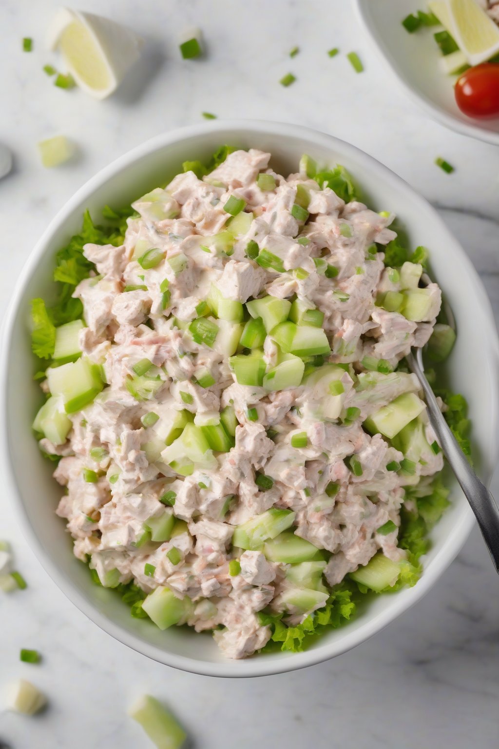 A high-resolution photo of classic light tuna salad with Greek yogurt, topped with celery bits, served in a white bowl under soft lighting.