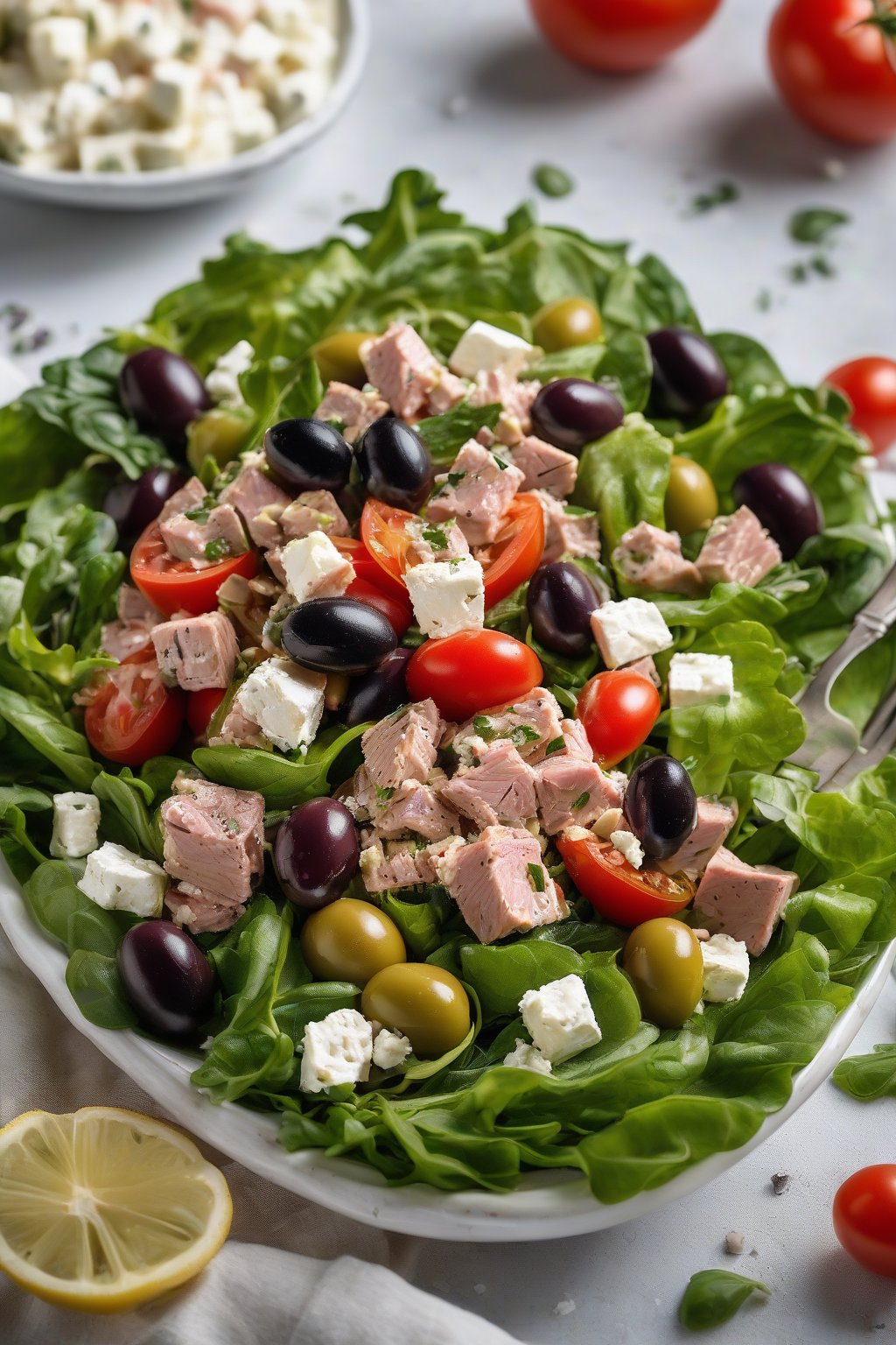 A high-resolution photo of Mediterranean tuna salad with olives, tomatoes, and feta, arranged on a bed of greens under soft lighting.