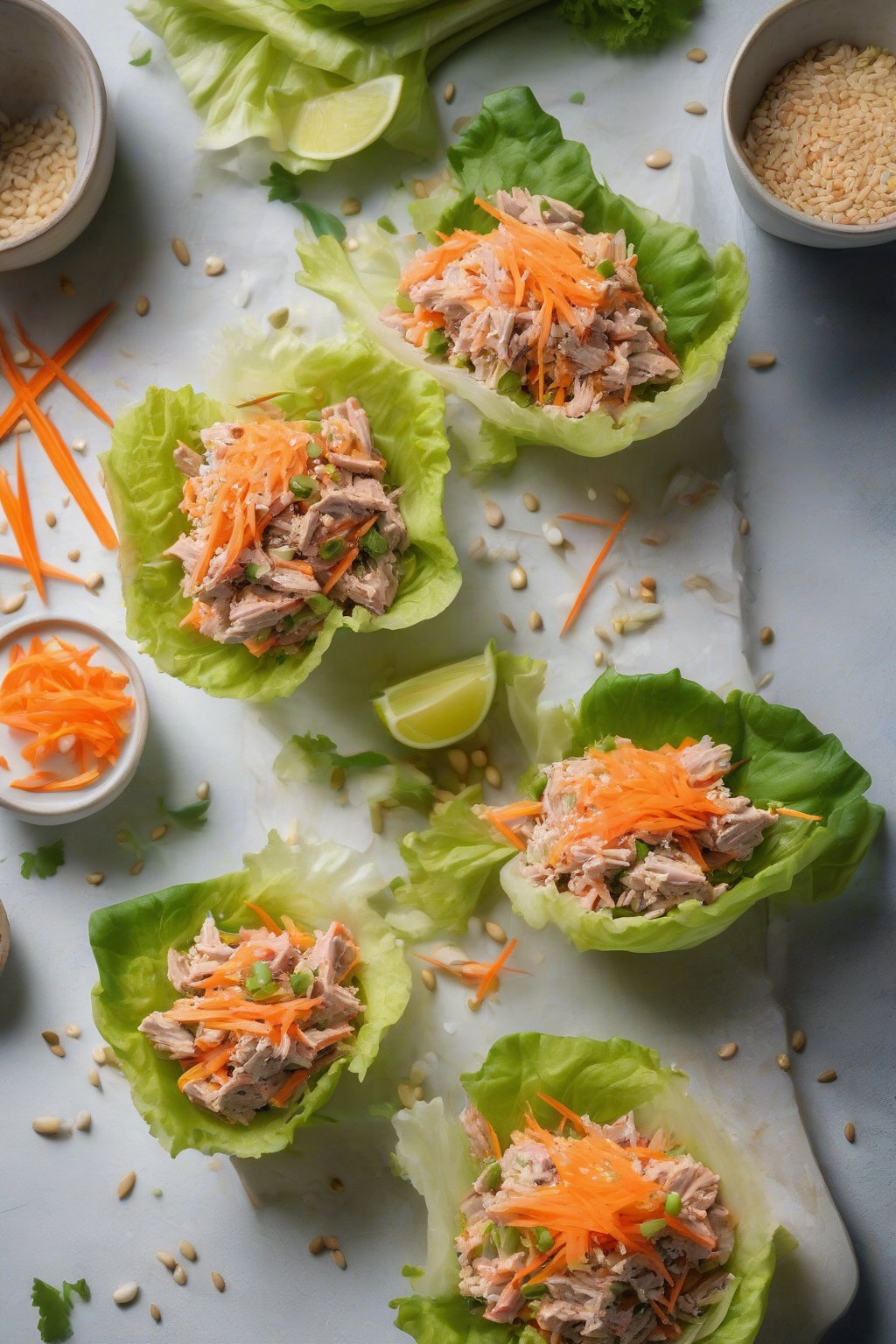A high-resolution photo of Asian-inspired tuna salad with shredded carrots and sesame seeds, in a lettuce cup under soft lighting.