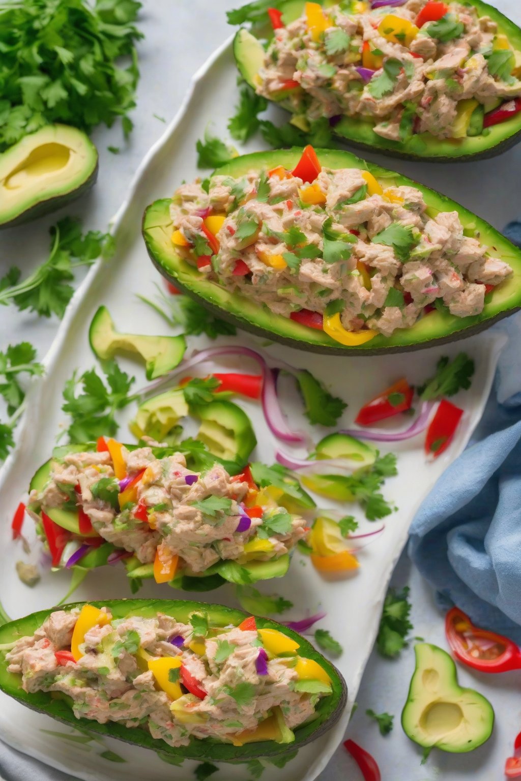 A high-resolution photo of avocado tuna salad boats, filled with colorful peppers and topped with cilantro under soft lighting.