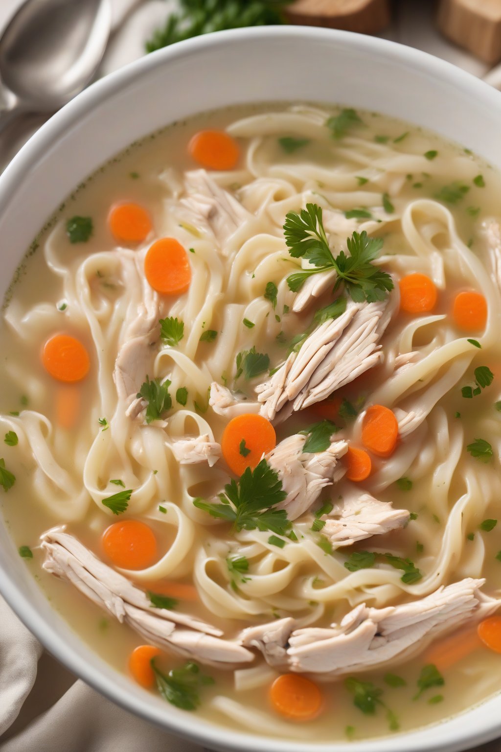 A high-resolution close-up photo of classic chicken noodle soup in a white bowl, steaming with shredded chicken, carrots, and noodles, garnished with parsley under soft lighting.