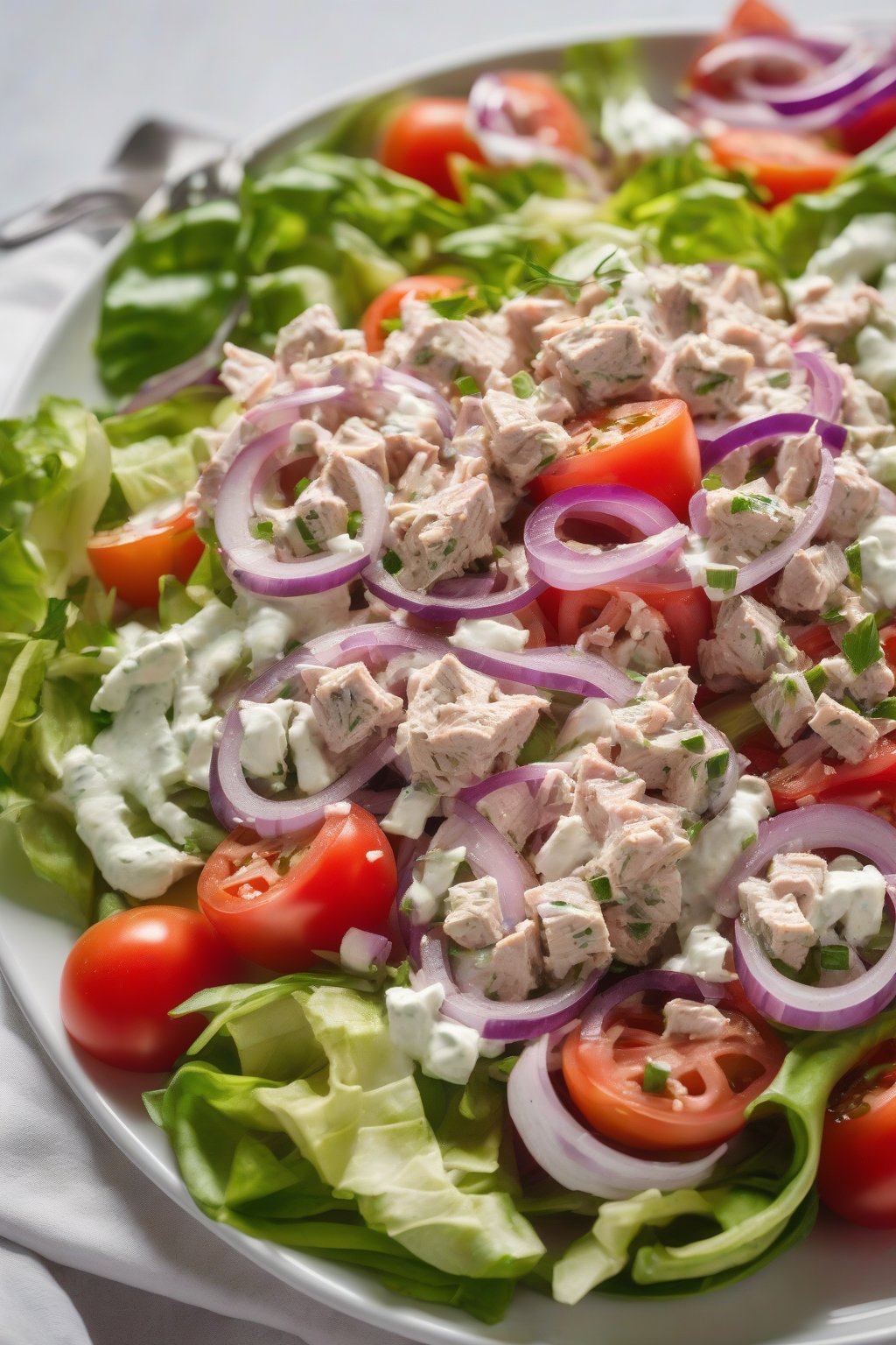 A high-resolution photo of Greek tuna salad with tzatziki swirls, tomatoes, and onions on a plate under soft lighting.