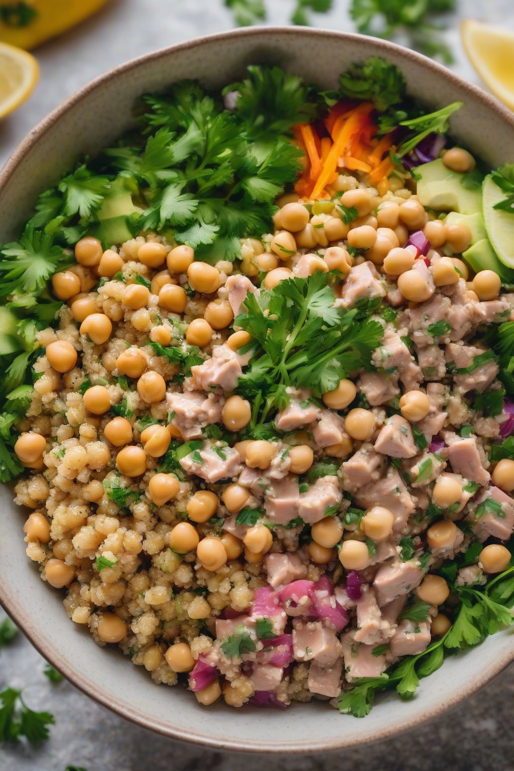 A high-resolution photo of quinoa tuna salad power bowl with chickpeas and parsley, in a vibrant bowl under soft lighting.