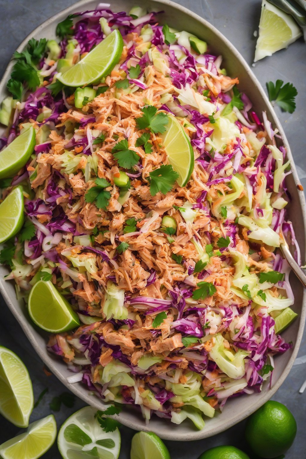 A high-resolution photo of spicy sriracha tuna salad with cabbage shreds and lime wedges under soft lighting.