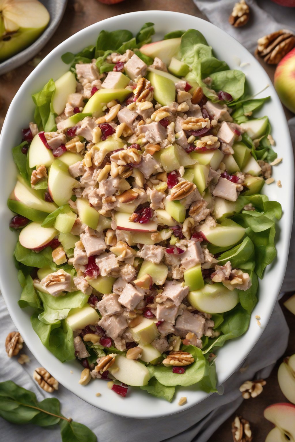 A high-resolution photo of apple walnut tuna salad, with diced apples and nuts scattered on top under soft lighting.