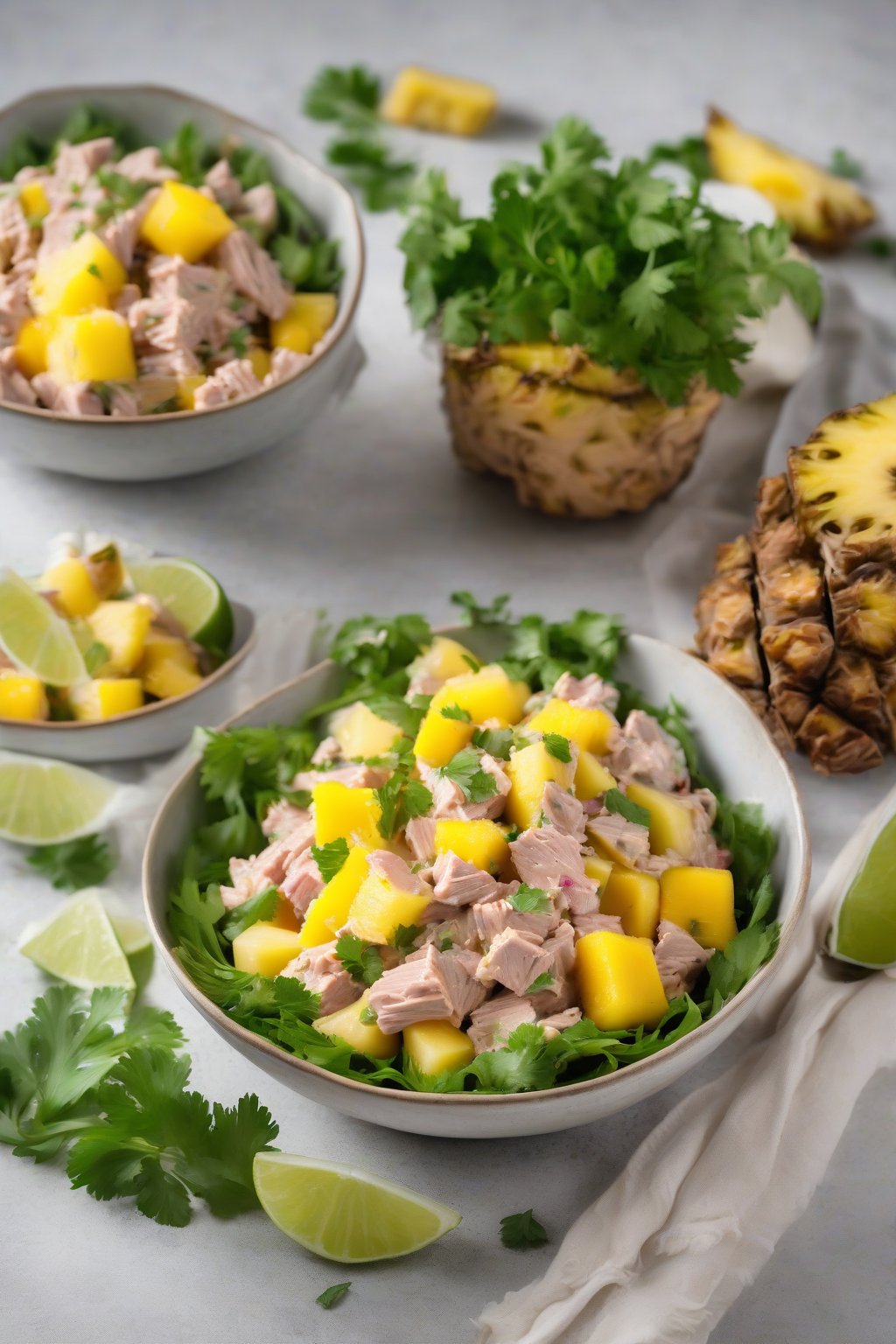 A high-resolution photo of tropical tuna salad with pineapple and mango chunks, garnished with cilantro under soft lighting.