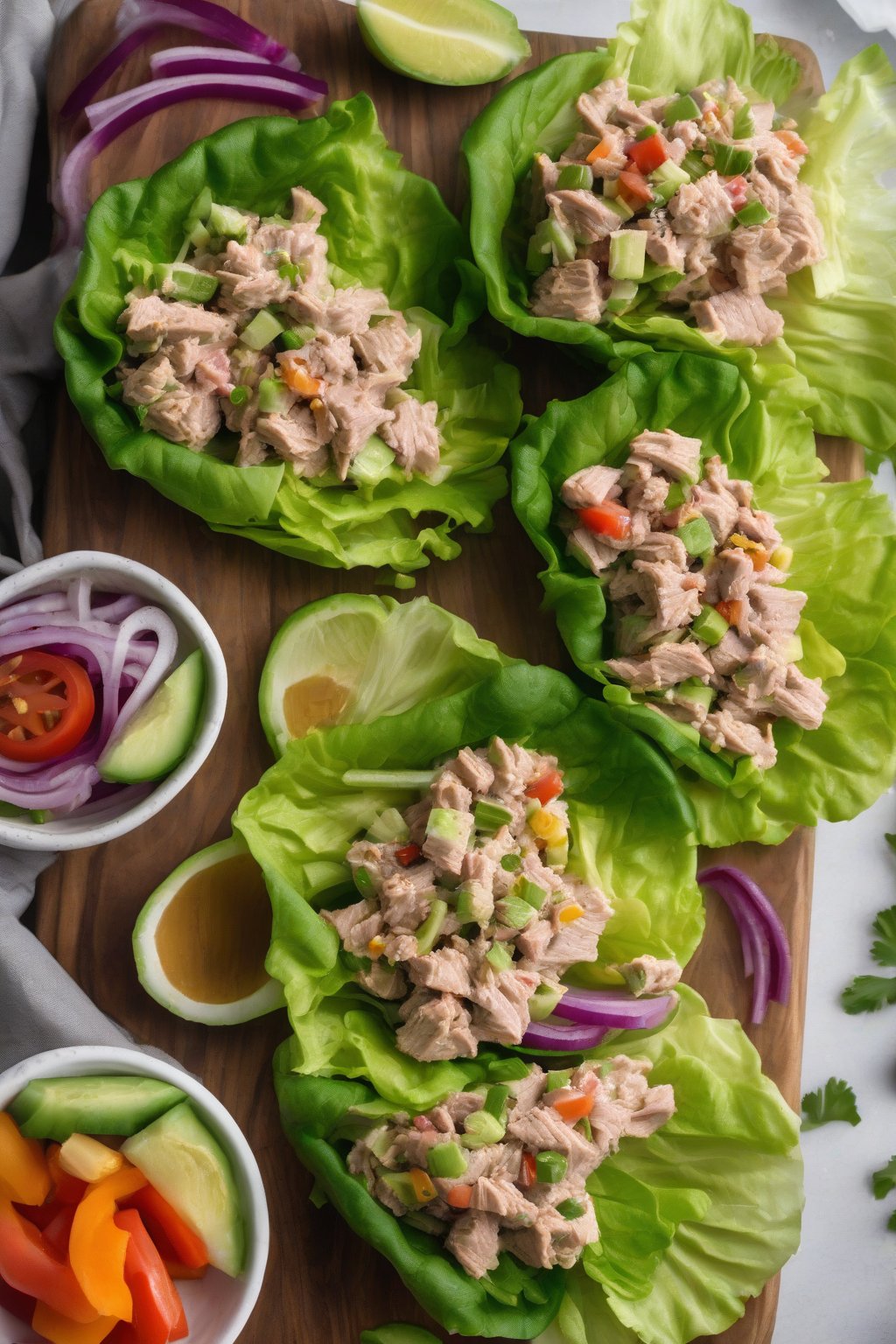 A high-resolution photo of tuna salad lettuce wraps, filled with veggies and arranged on a board under soft lighting.
