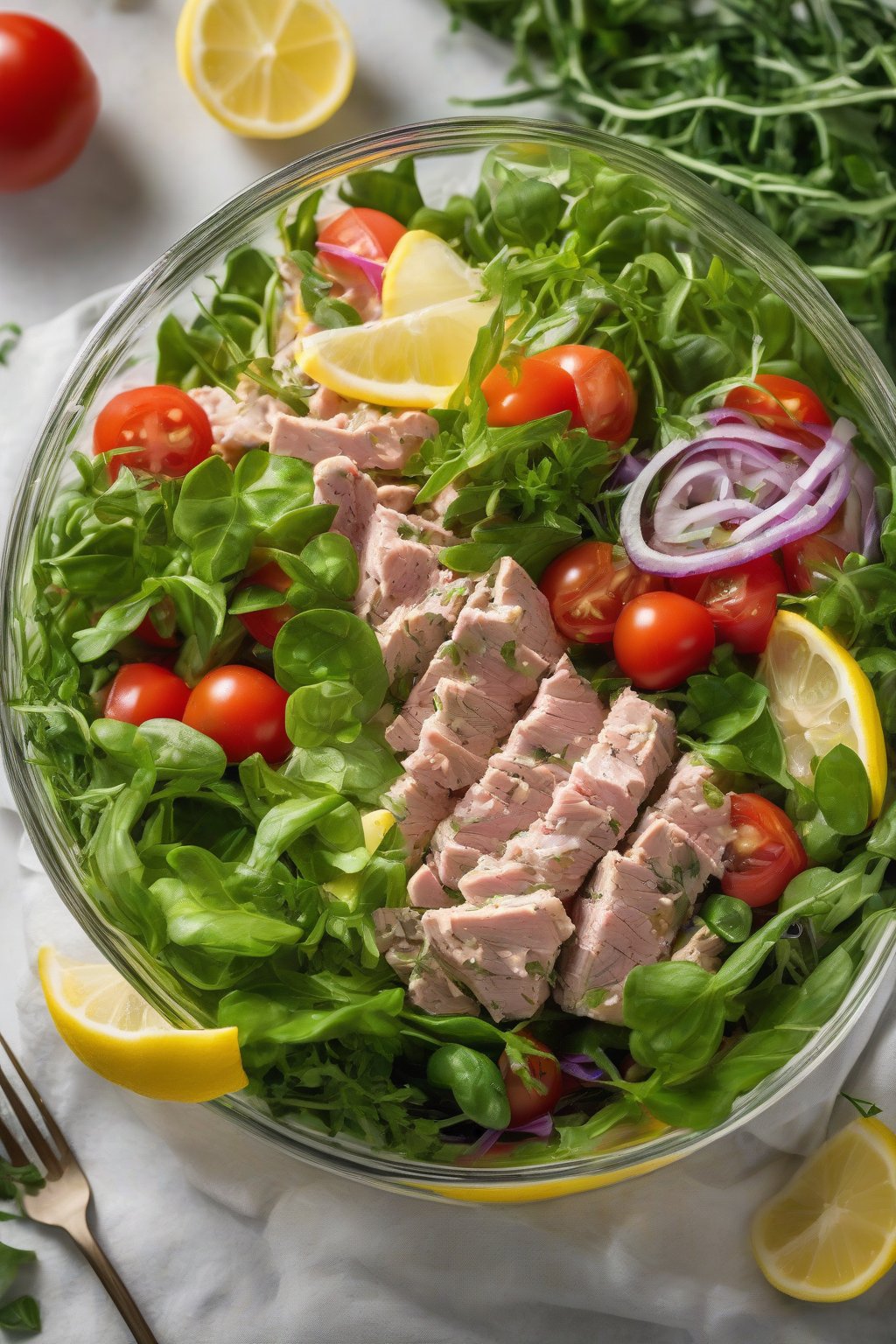 A high-resolution photo of lemon herb tuna salad with fresh greens and tomatoes, in a glass bowl under soft lighting.