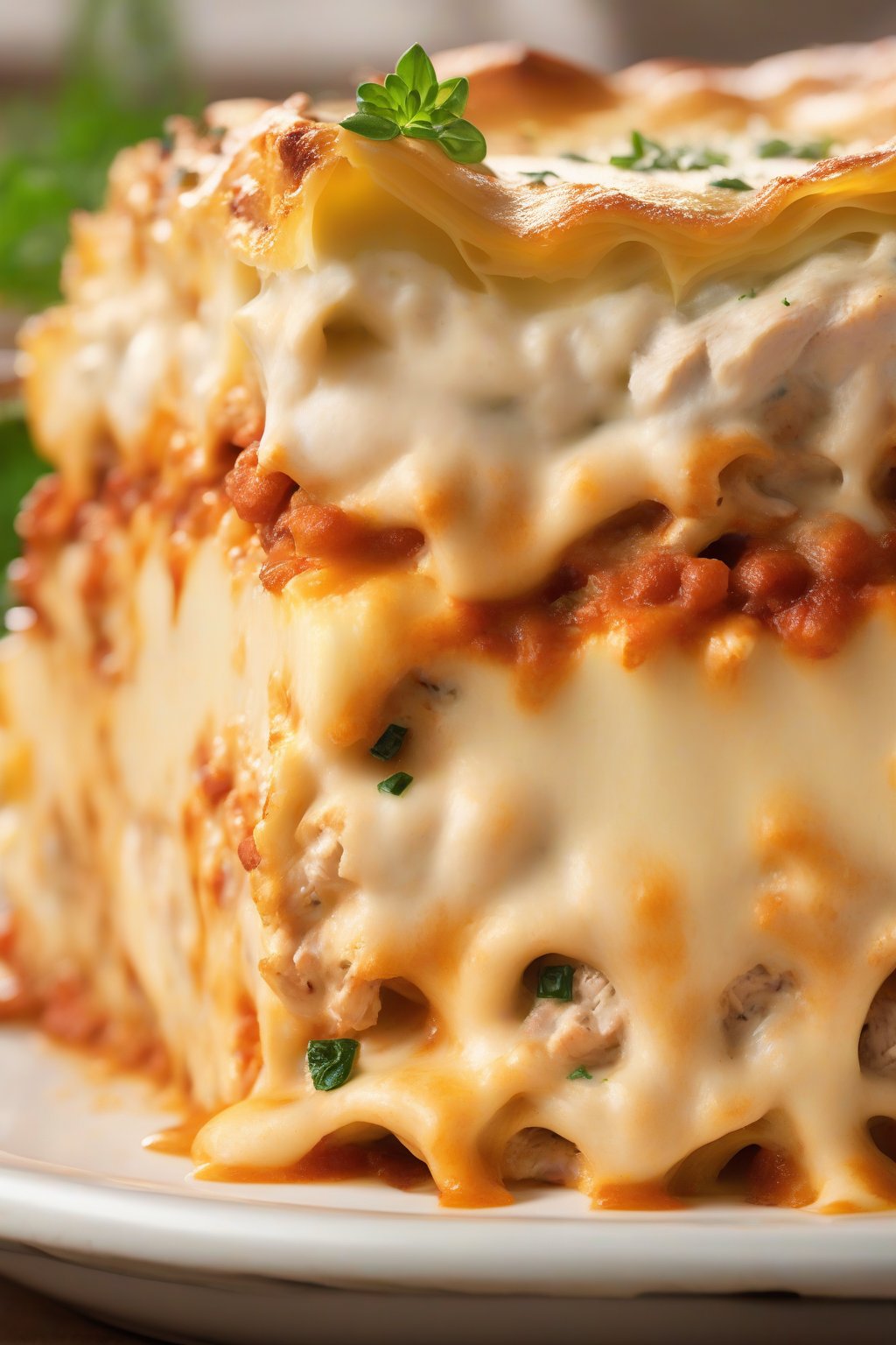 A high-resolution close-up photo of a slice of classic creamy chicken lasagna, golden cheese bubbling over layers, under soft lighting.