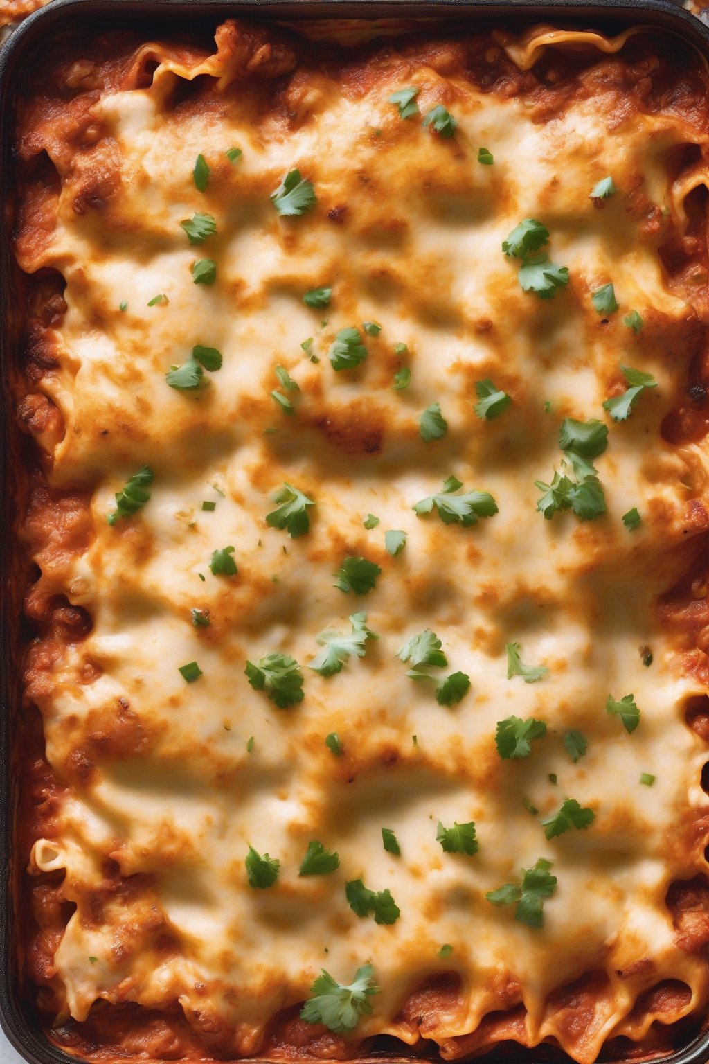 A high-resolution close-up photo of spicy chipotle chicken lasagna, red sauce peeking through cheesy layers with visible chipotle flecks, under soft lighting.