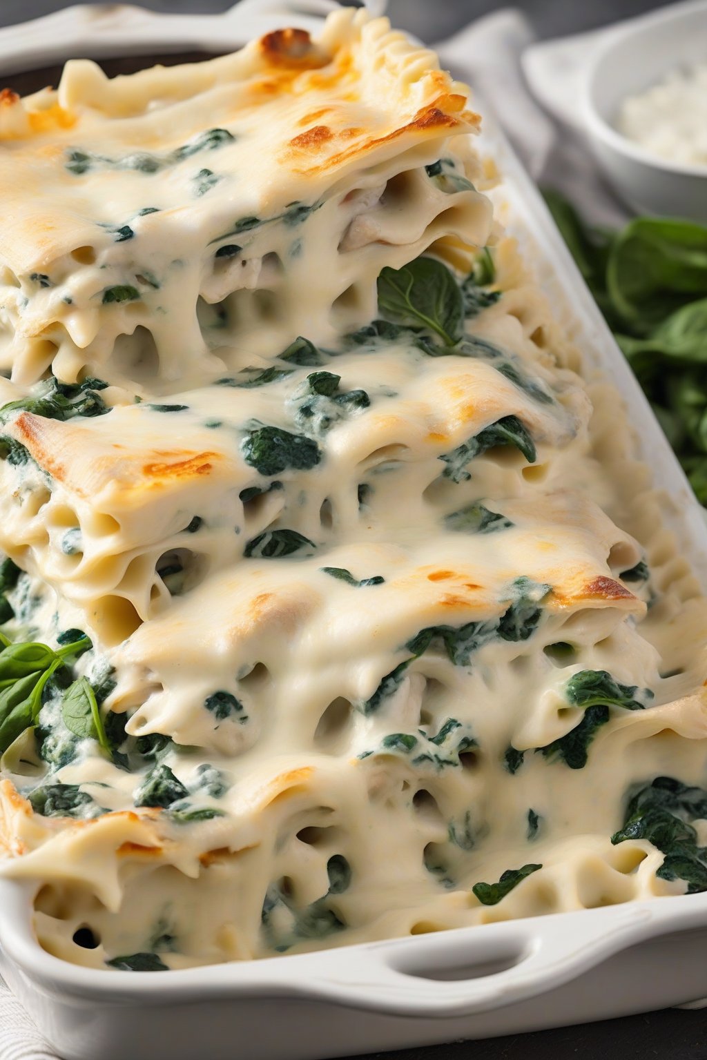 A high-resolution close-up photo of white Alfredo chicken lasagna, creamy white layers with green spinach accents, under soft lighting.
