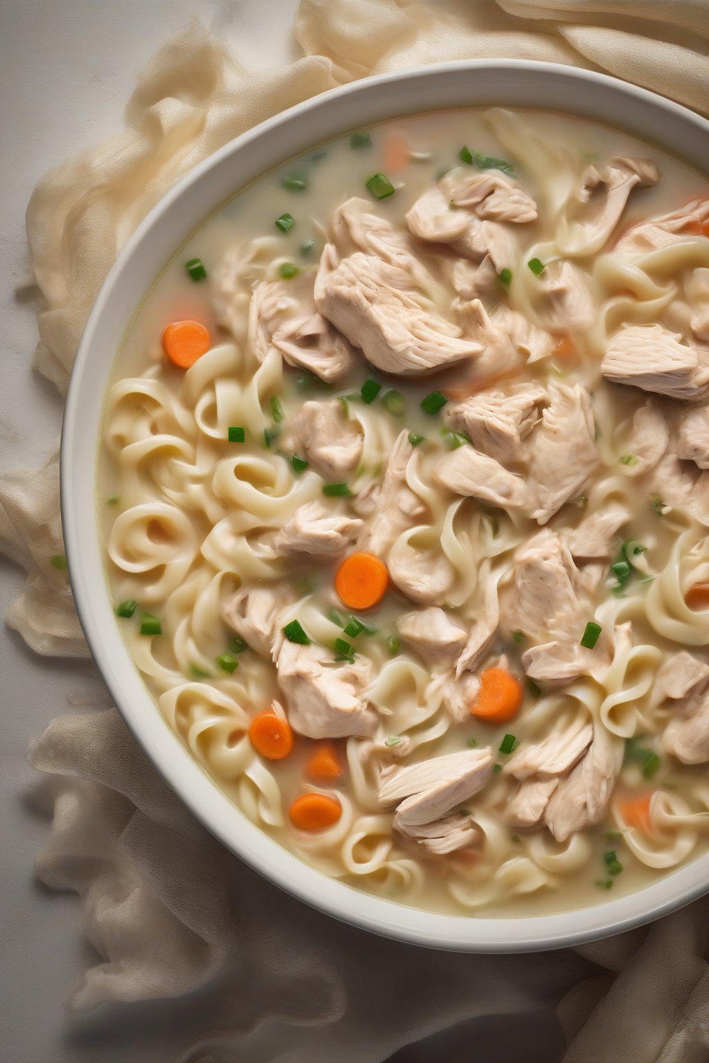 A high-resolution close-up photo of creamy chicken noodle soup swirling with noodles and tender chicken chunks under soft lighting.