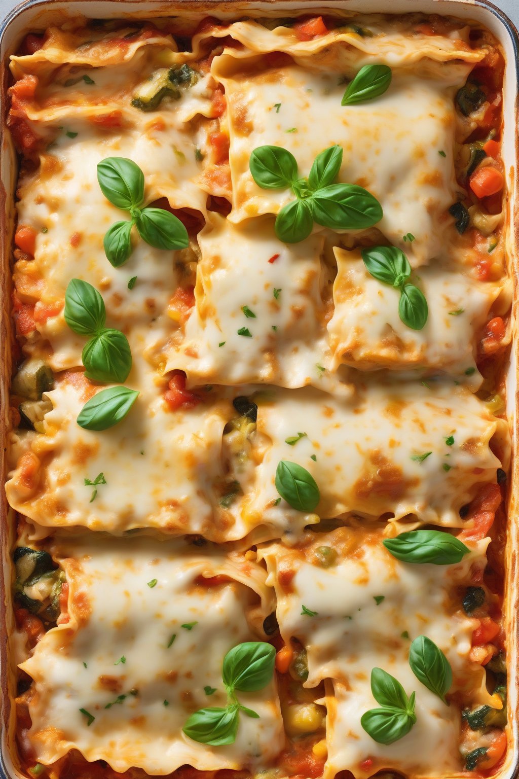 A high-resolution close-up photo of veggie-packed chicken lasagna, colorful vegetable flecks in tidy layers, under soft lighting.