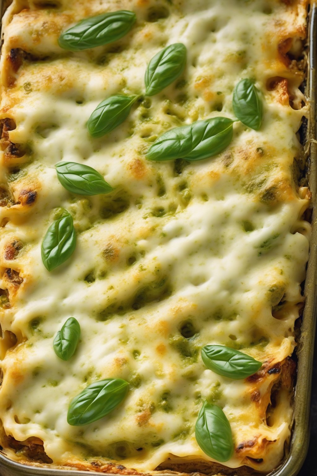 A high-resolution close-up photo of pesto chicken lasagna, vibrant green pesto swirling through cheese layers, under soft lighting.