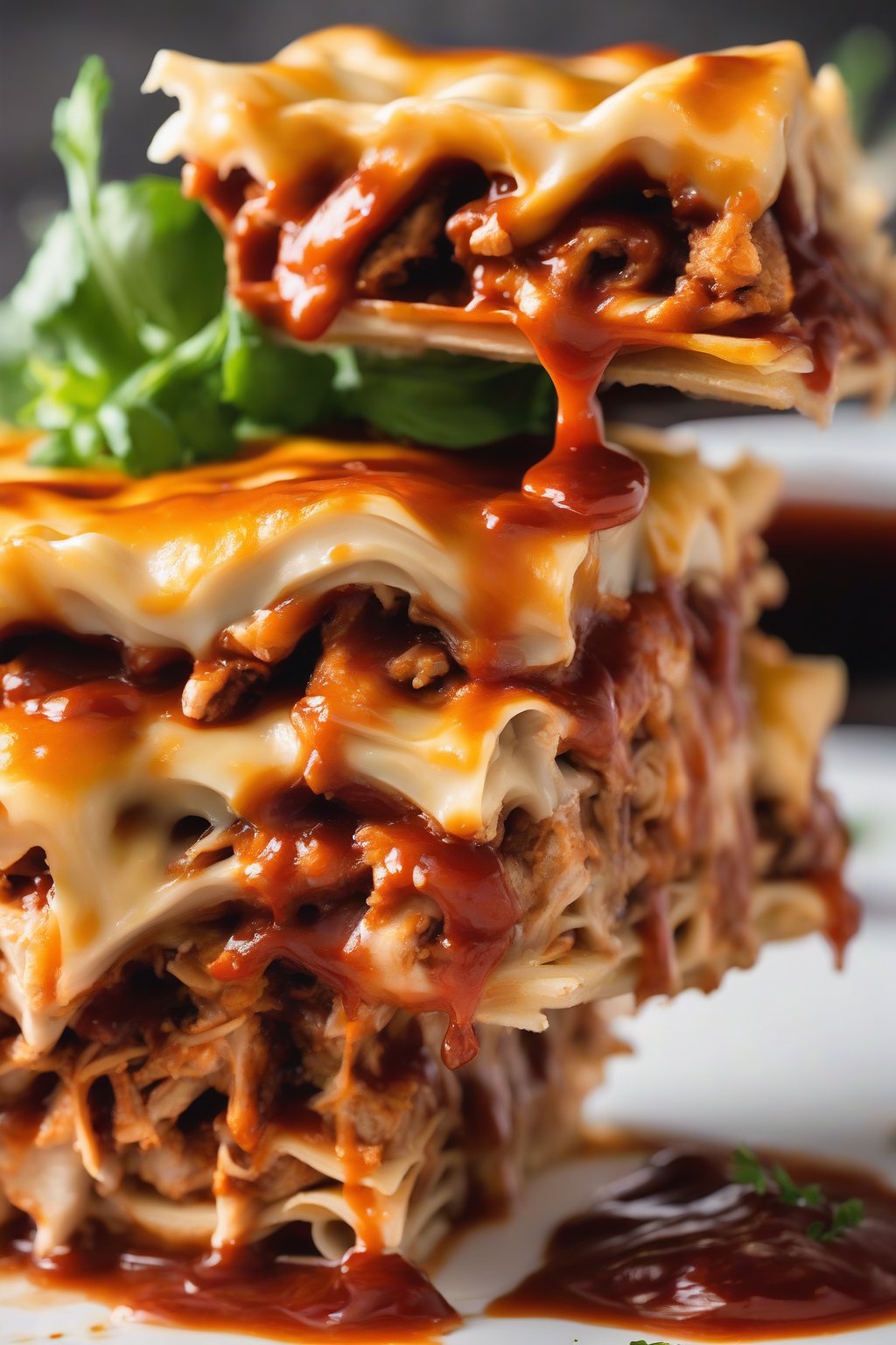 A high-resolution close-up photo of BBQ chicken lasagna, glossy BBQ sauce glistening on pulled chicken layers, under soft lighting.
