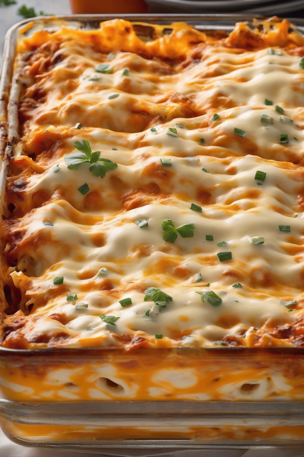 A high-resolution close-up photo of buffalo chicken lasagna, orange sauce with blue cheese streaks in layers, under soft lighting.