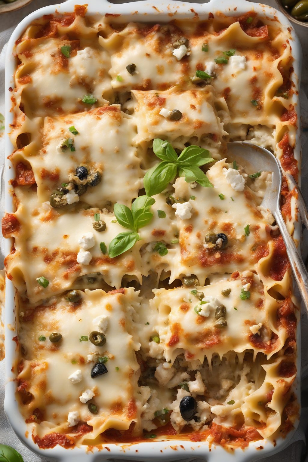 A high-resolution close-up photo of Mediterranean chicken lasagna, feta crumbles and olive slices dotting creamy layers, under soft lighting.