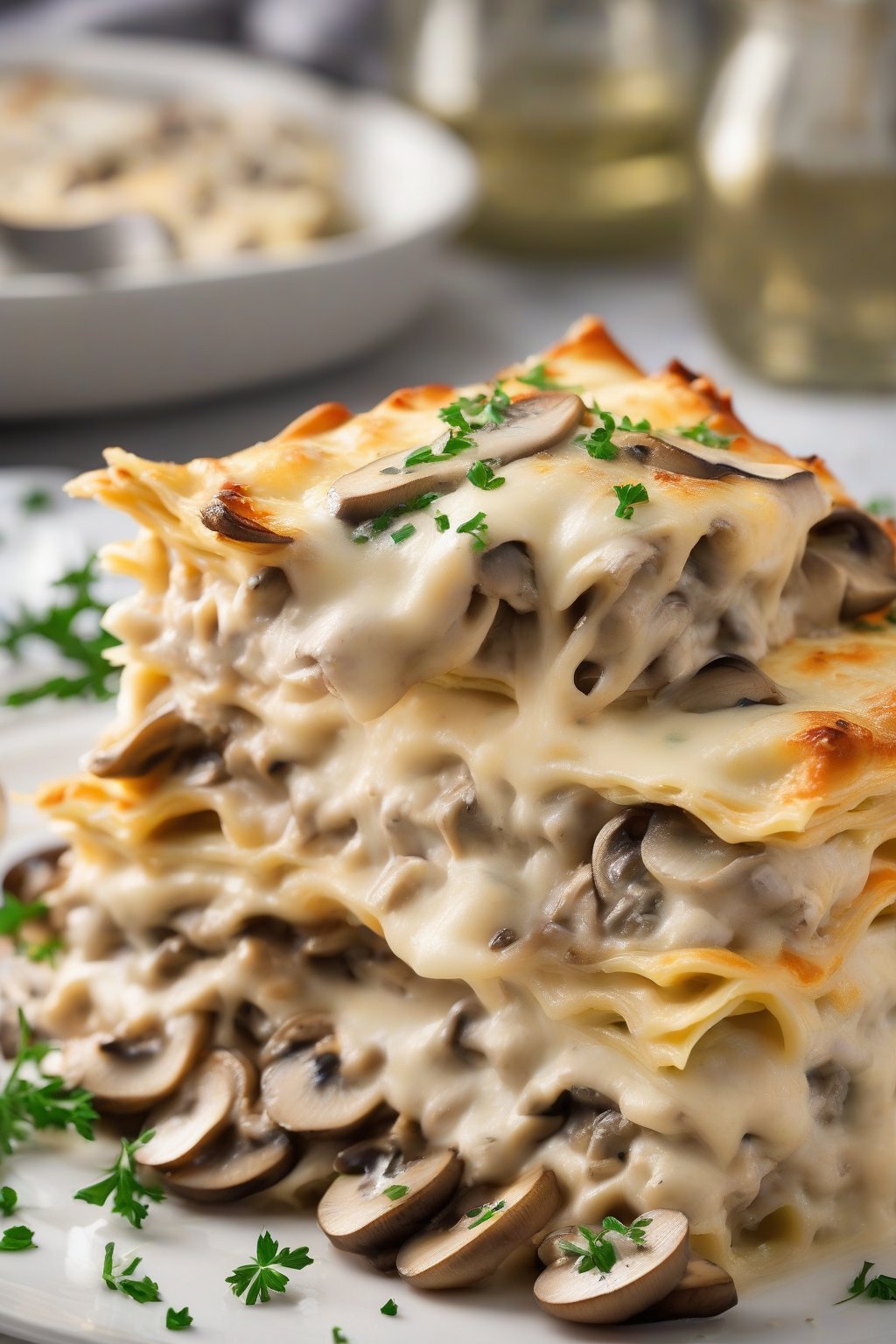 A high-resolution close-up photo of creamy mushroom chicken lasagna, sliced mushrooms peeking from béchamel layers, under soft lighting.