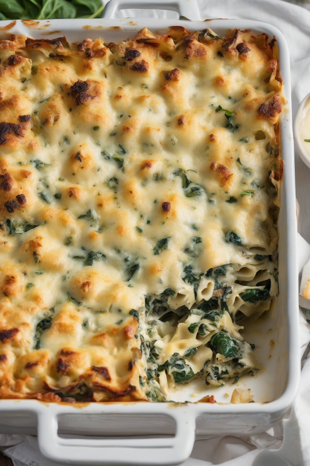 A high-resolution close-up photo of spinach artichoke chicken lasagna, green spinach and artichoke hearts in cheesy strata, under soft lighting.