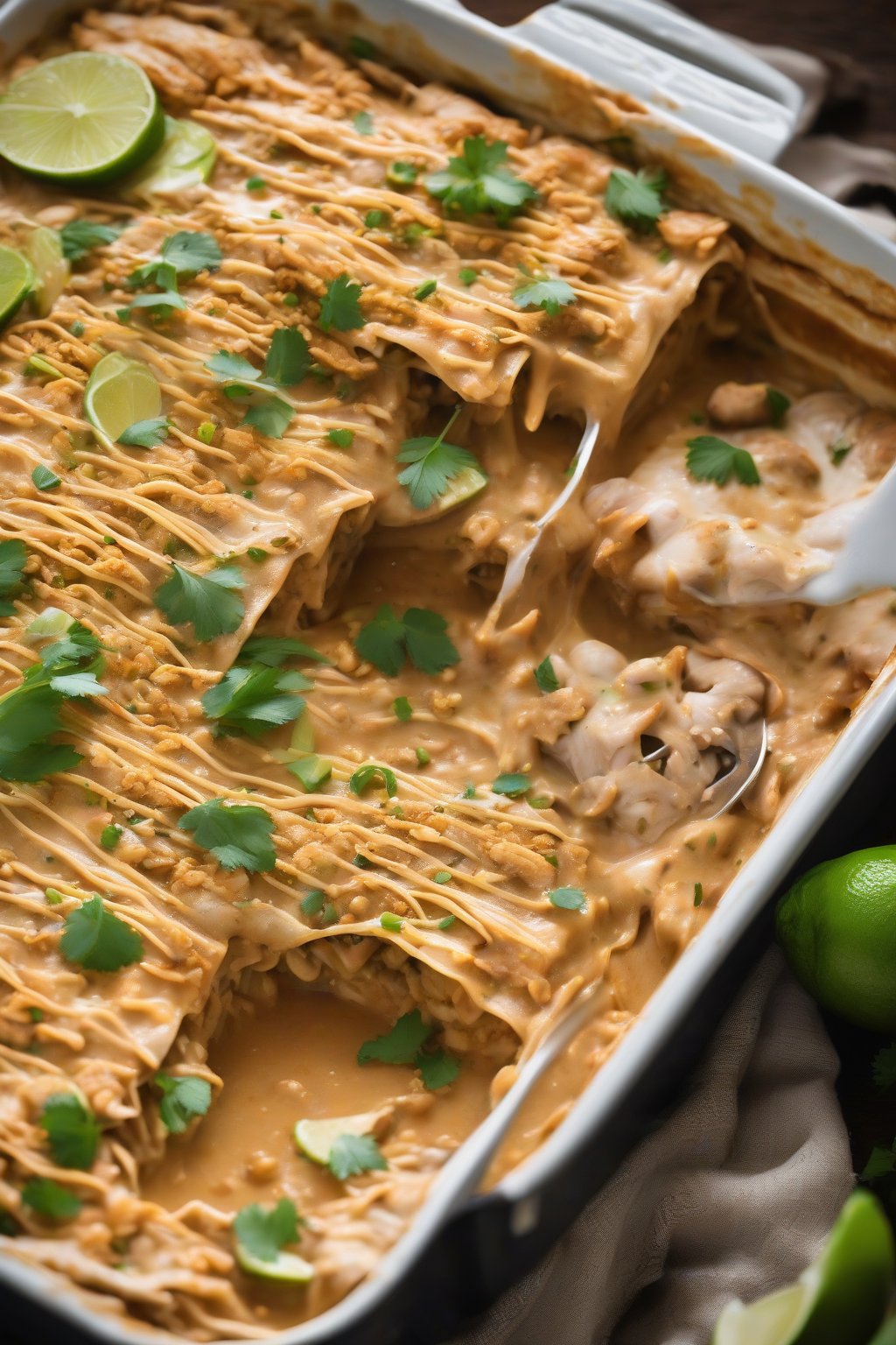 A high-resolution close-up photo of Thai-inspired peanut chicken lasagna, nutty sauce with lime zest accents in layers, under soft lighting.