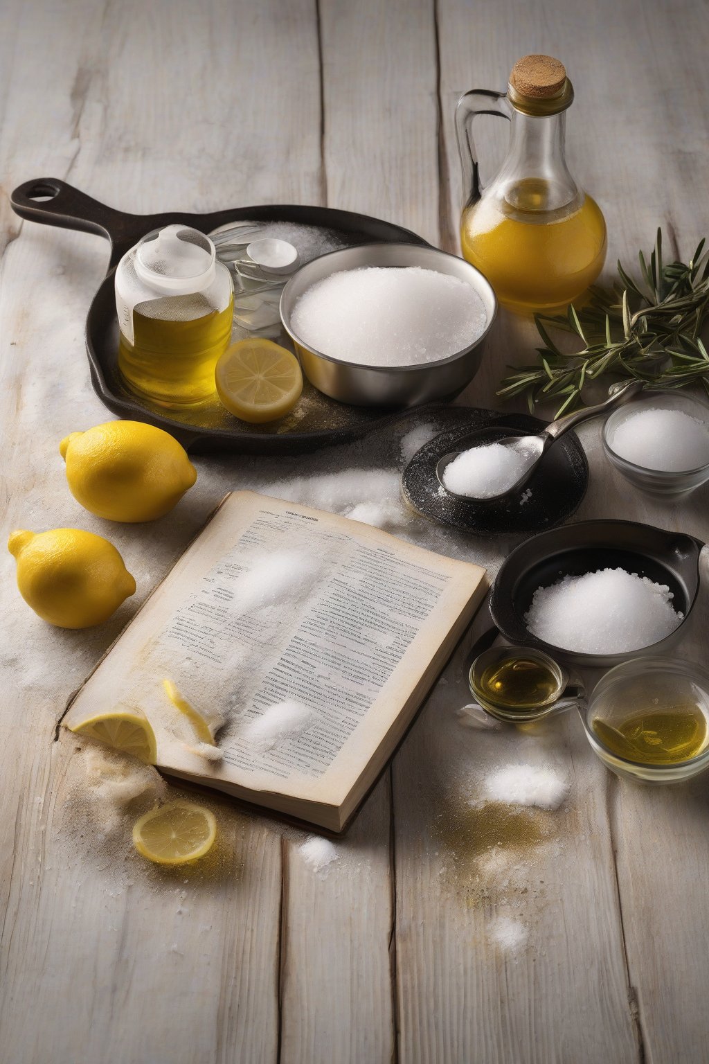 A high-resolution photo of the Salt, Fat, Acid, Heat book open on a wooden table surrounded by salt, olive oil, lemon, and a sizzling pan under soft lighting.