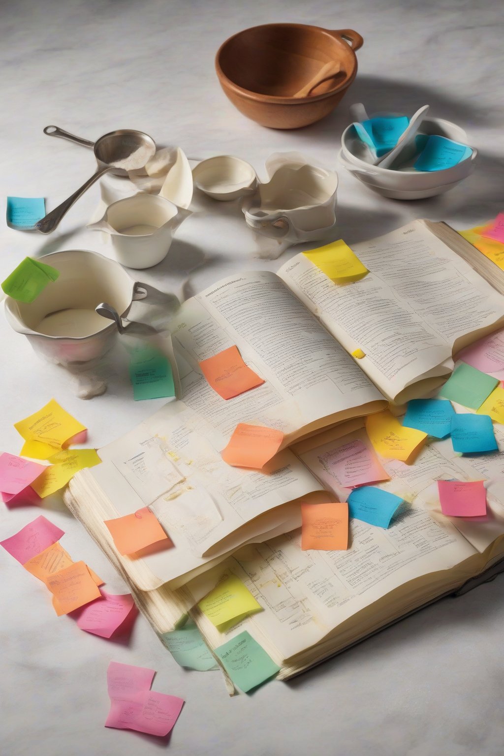 A high-resolution photo of The Joy of Cooking book with colorful sticky notes on recipe pages, next to flour-dusted measuring cups under soft lighting.
