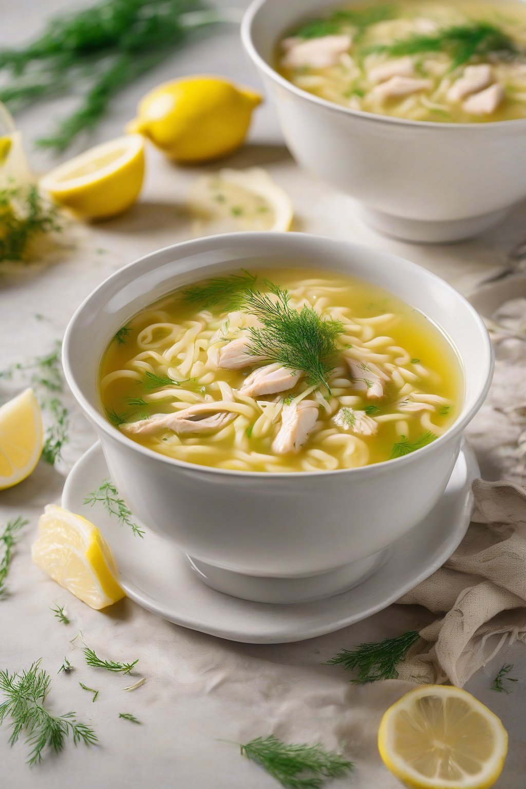 A high-resolution close-up photo of lemon chicken noodle soup garnished with dill and lemon slices, bright yellow broth with orzo under soft lighting.