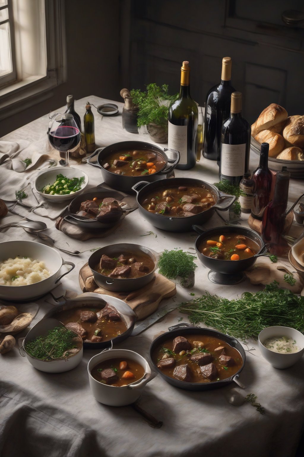 A high-resolution photo of Mastering the Art of French Cooking open to a beef stew recipe, with wine bottles and herbs nearby under soft lighting.