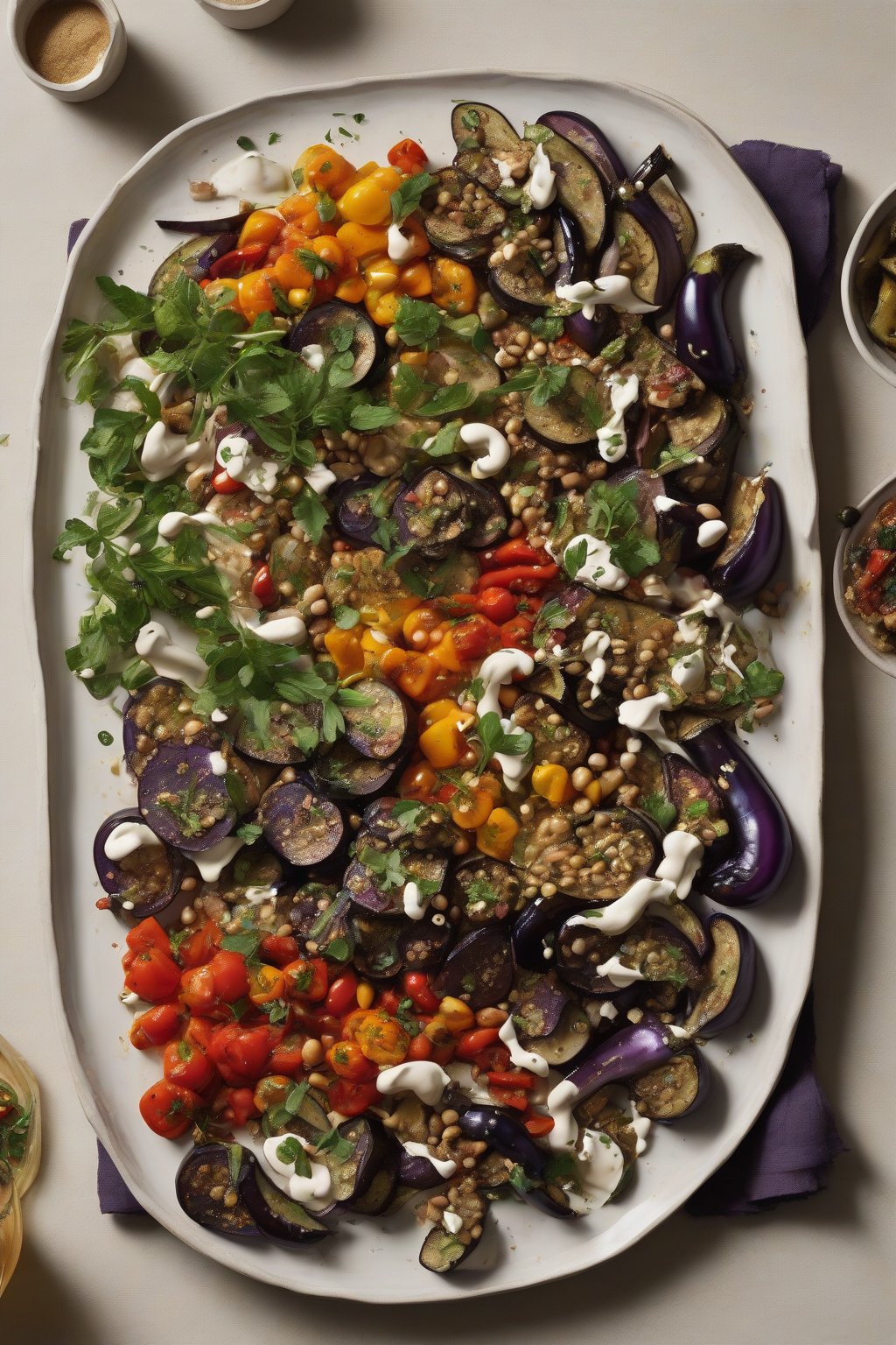 A high-resolution photo of Ottolenghi Simple cookbook displaying a colorful veggie platter recipe, with eggplant and tahini on the side under soft lighting.
