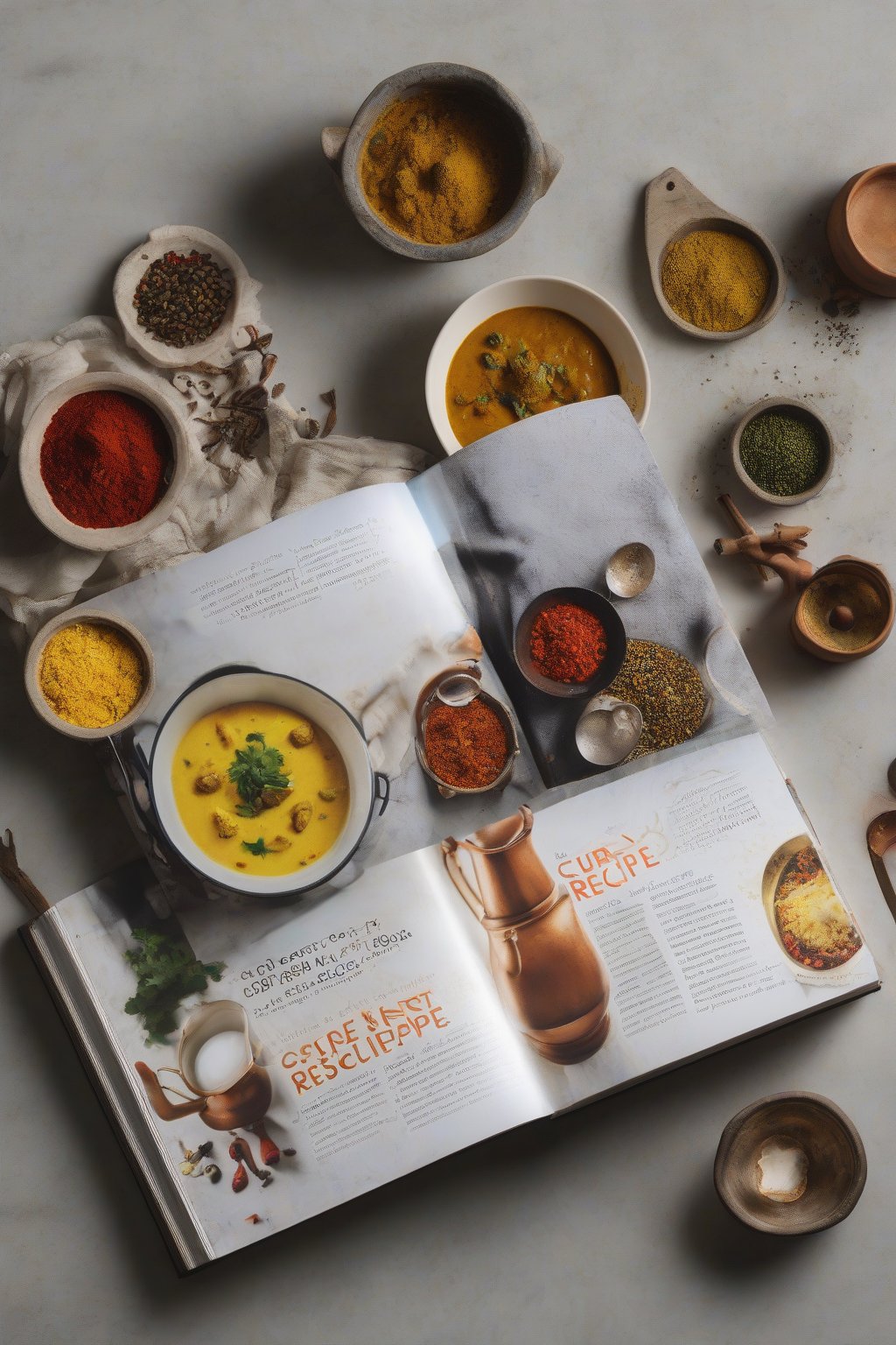 A high-resolution photo of Milk Street book flipped to a curry recipe, beside spices and a steaming pot under soft lighting.