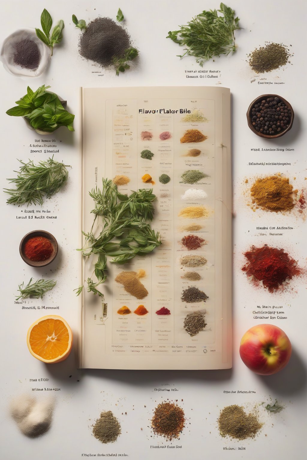 A high-resolution photo of The Flavor Bible open to a flavor chart, with fresh herbs, fruits, and spices scattered around under soft lighting.