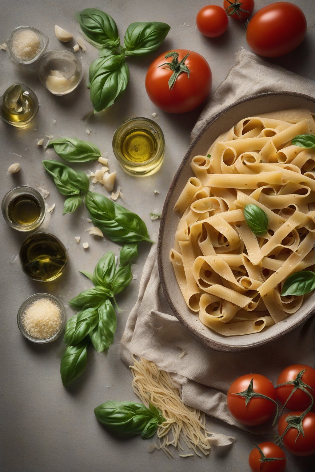 A high-resolution photo of Essentials of Classic Italian Cooking showing a pasta recipe, with tomatoes, basil, and olive oil under soft lighting.