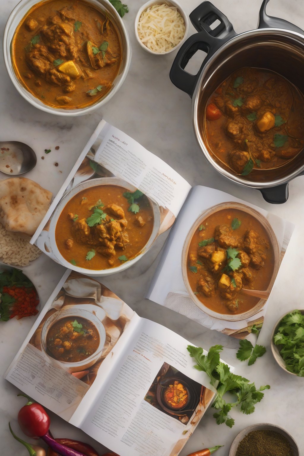 A high-resolution photo of Indian Instant Pot book with a vibrant curry recipe page, Instant Pot in background under soft lighting.
