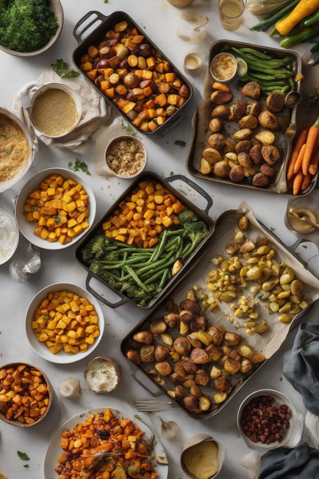 A high-resolution photo of Half Baked Harvest Cookbook open to a sheet pan meal, golden veggies roasting nearby under soft lighting.