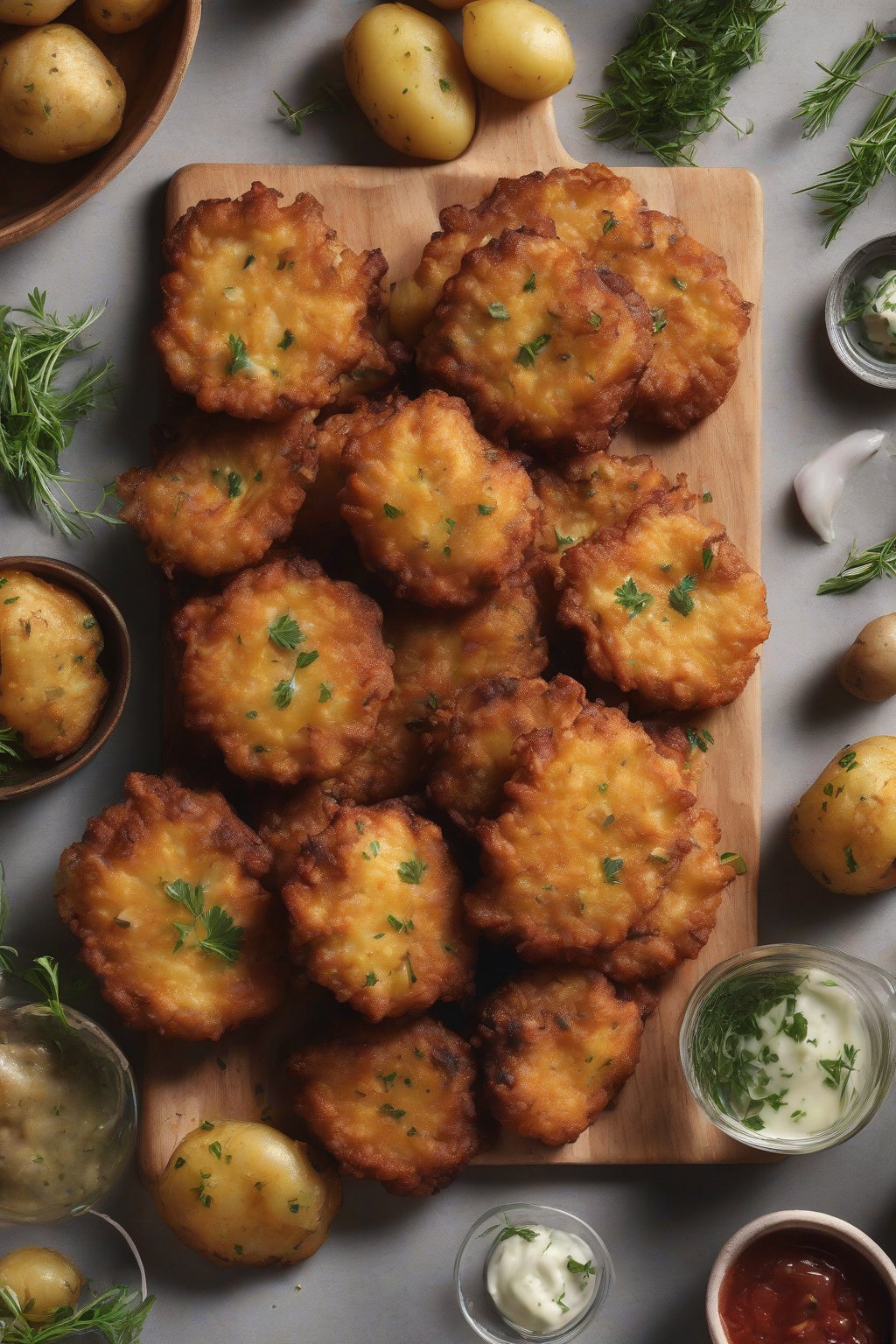 A high-resolution photo of Smitten Kitchen Every Day displaying a fritter recipe, with potatoes and herbs on a counter under soft lighting.