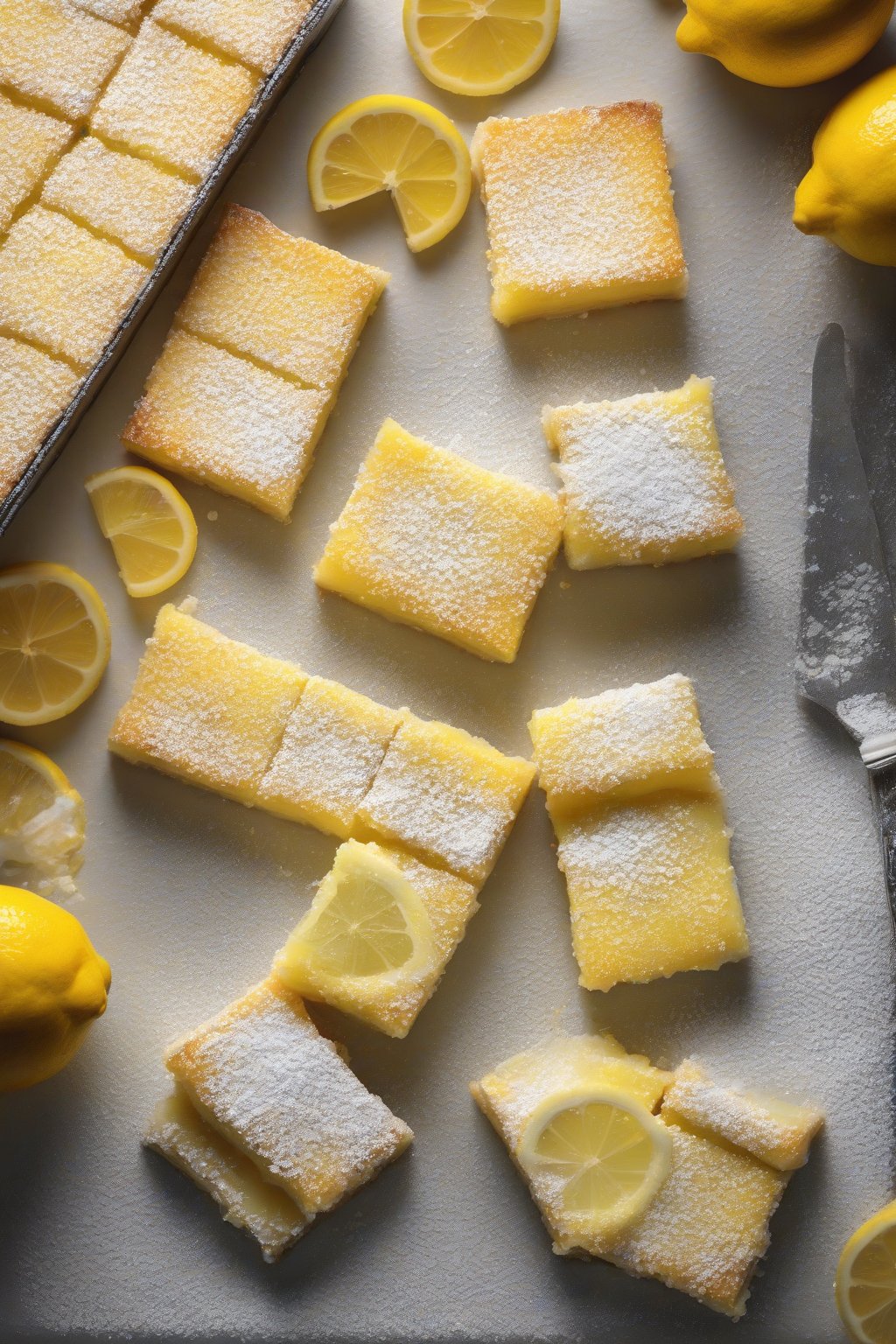 A high-resolution photo of Barefoot Contessa book on lemon bars recipe, citrus slices and powdered sugar around under soft lighting.