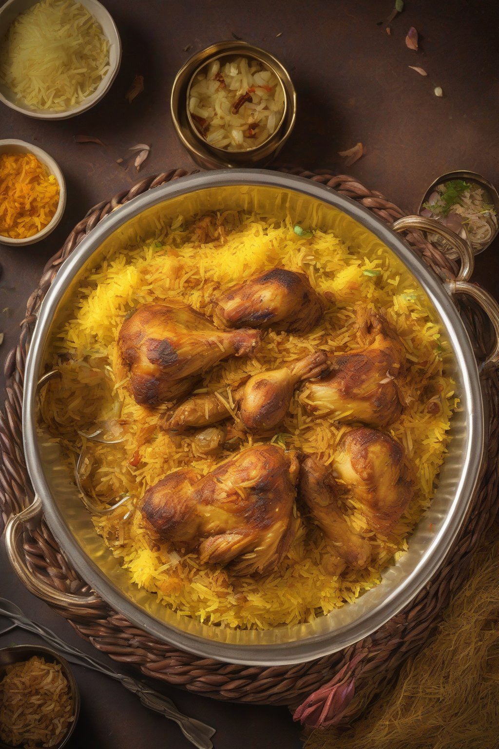 A high-resolution photo of steaming Hyderabadi chicken layered biryani with golden saffron rice and garnished fried onions under soft lighting.