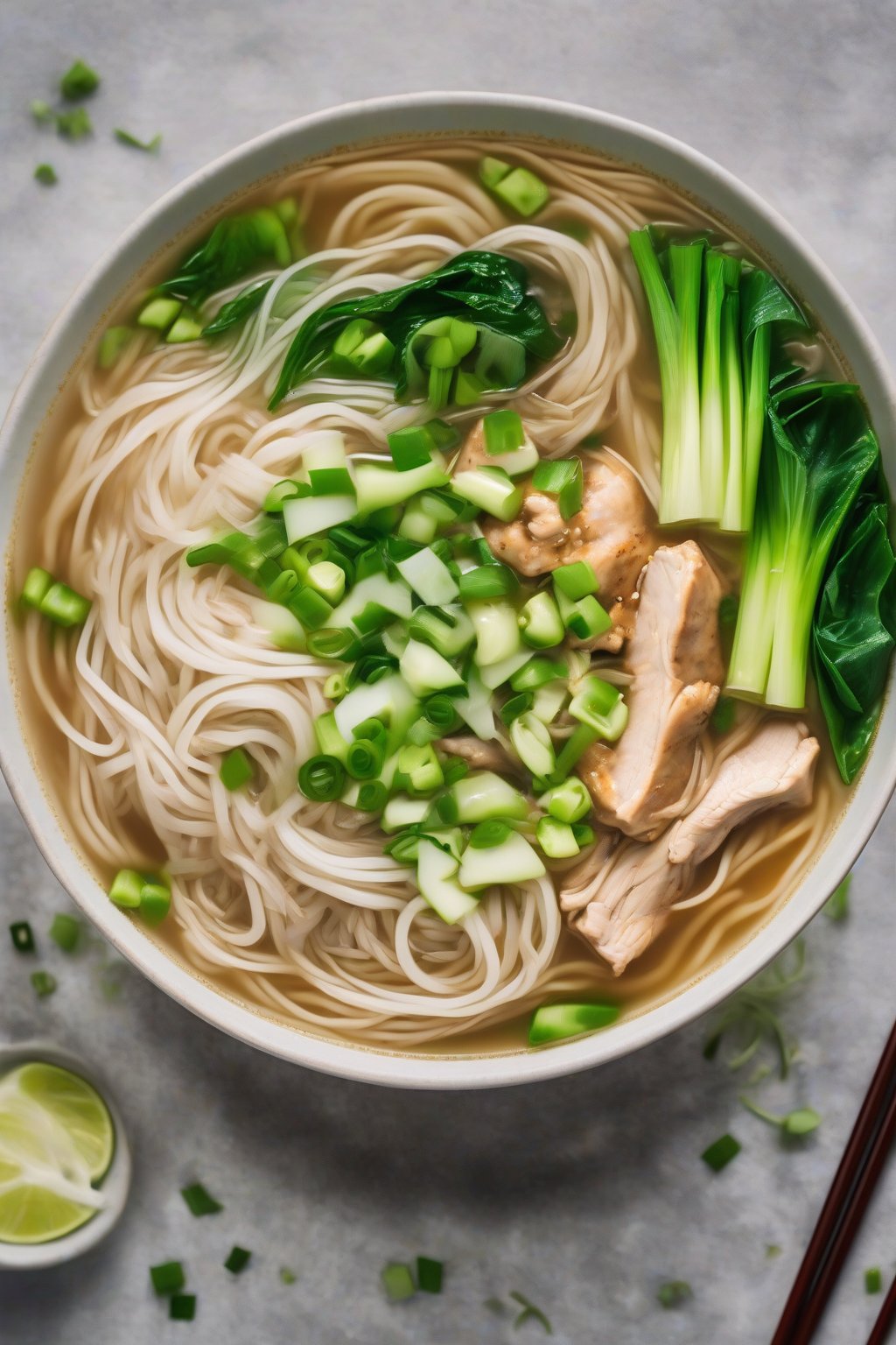 A high-resolution close-up photo of Asian ginger chicken noodle soup with rice noodles, bok choy, and green onions under soft lighting.