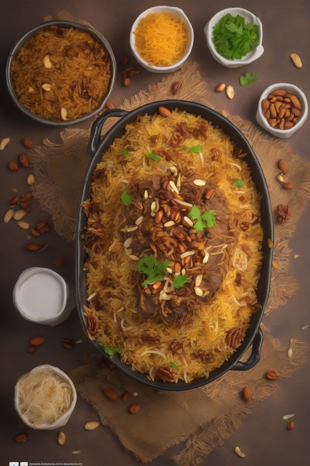 A high-resolution photo of royal mutton layered biryani topped with nuts and crispy onions under soft lighting.