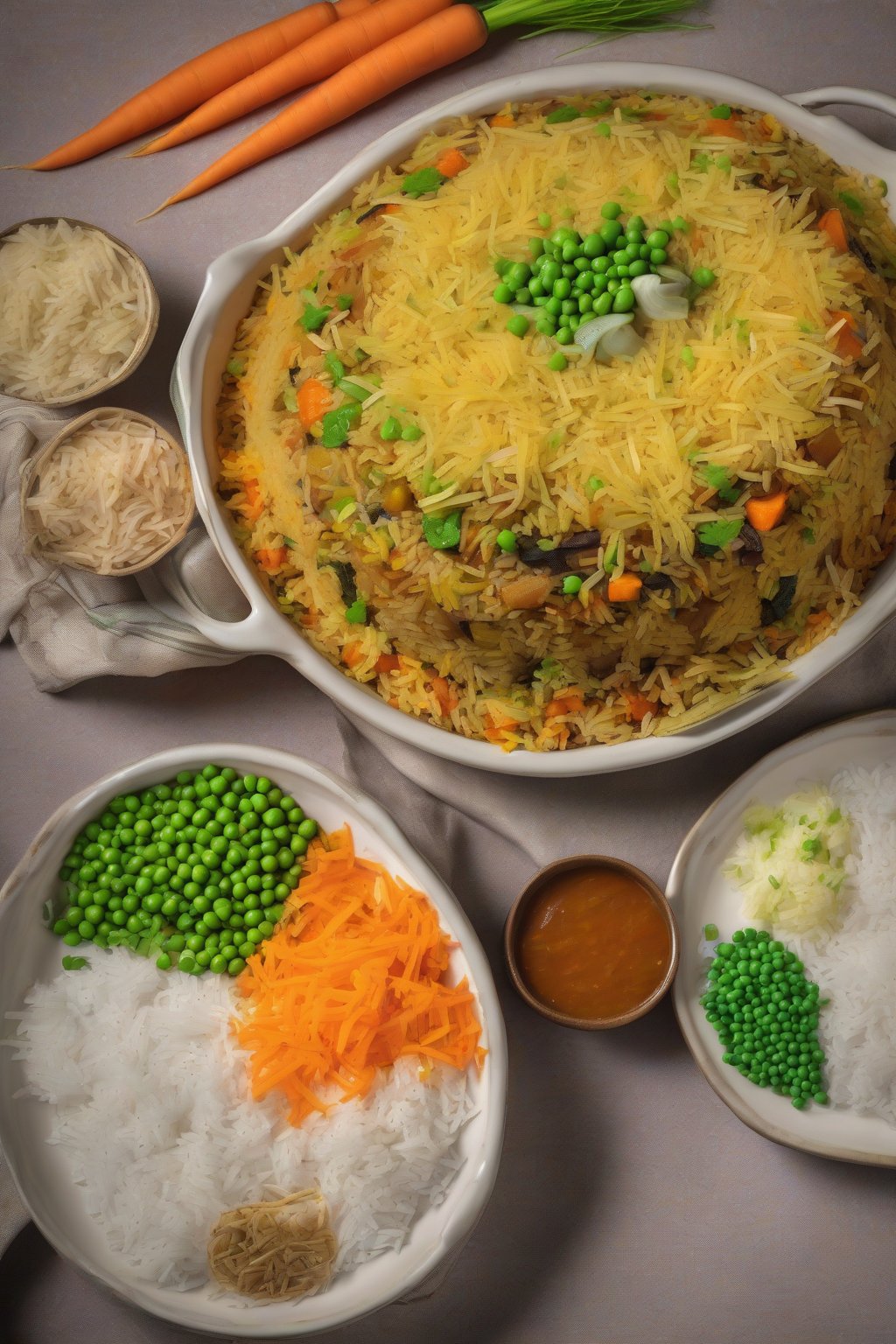 A high-resolution photo of colorful vegetable layered biryani with steamed carrots and peas peeking through rice under soft lighting.
